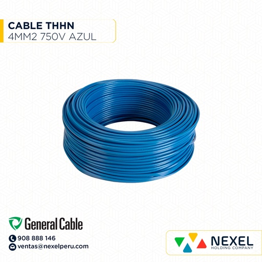 [A11607-3-O] OUT- CABLE THHN 750V 4MM2 AZUL GENERAL CABLE (ROLLO 100MT)