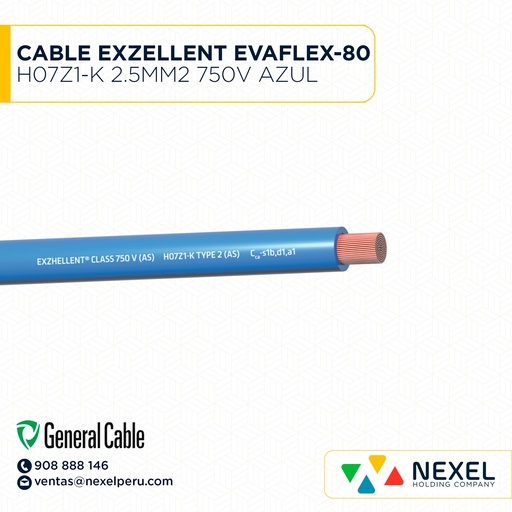 [A11019] CABLE EXZELLENT EVAFLEX-80 H07Z1-K 2.5MM2 750V AZUL GENERAL CABLE