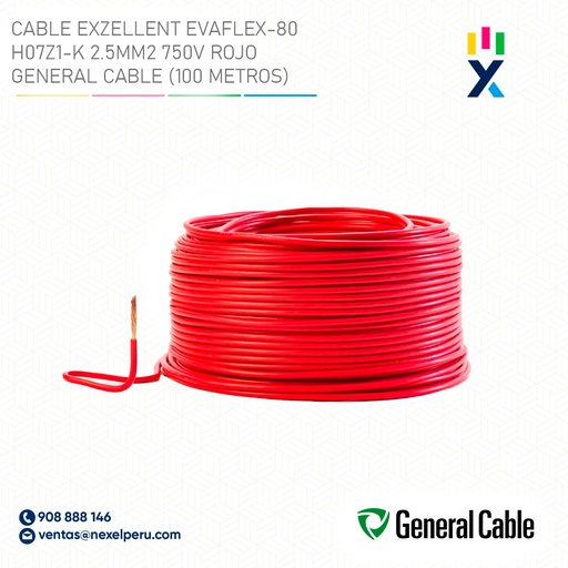 [A11022] CABLE EXZELLENT EVAFLEX-80 H07Z1-K 2.5MM2 750V ROJO GENERAL CABLE (100 METROS)
